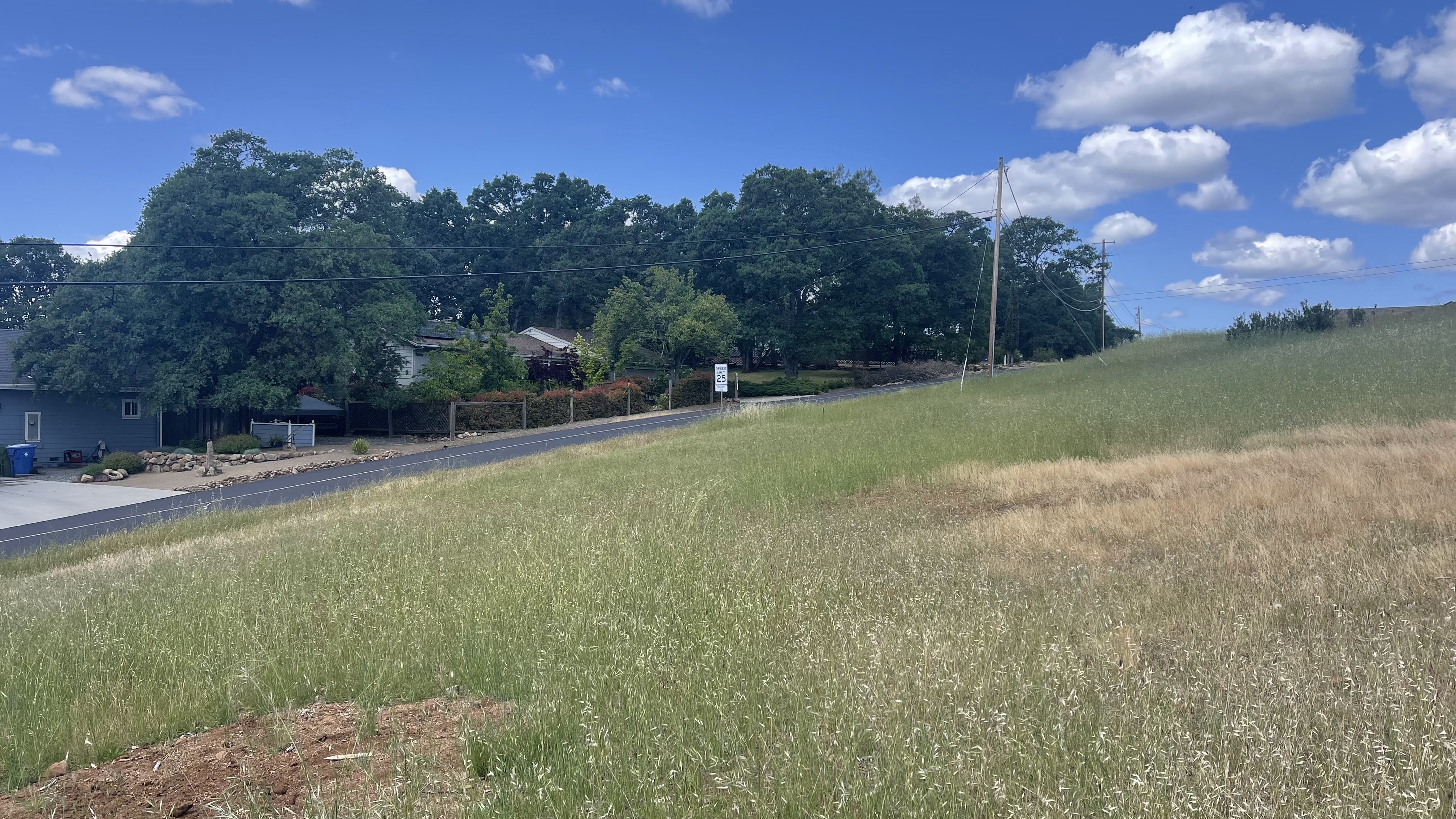 Grassy vacant lot beside the road in May 2023; neighboring homes across the road are not included.